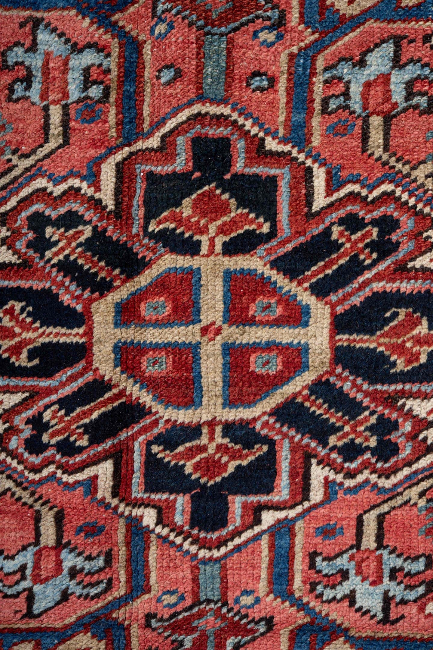 9' x 12' one-of-a-kind handmade vintage Heriz large size rug. Color palette: rust, navy, ivory, coral, slate_blue, rose