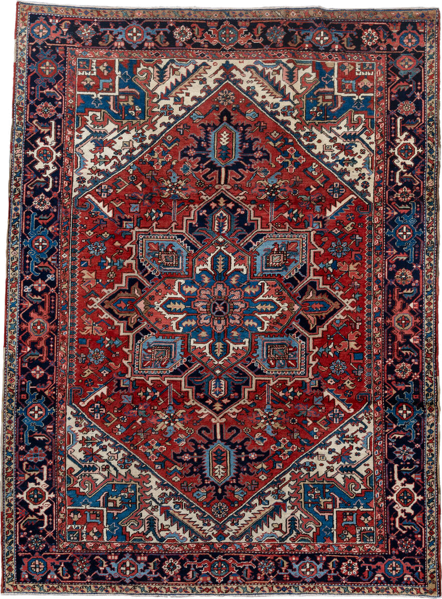 7' x 10' one-of-a-kind handmade antique Heriz large size rug. Color palette: rust, navy, ivory, sky_blue, coral, camel