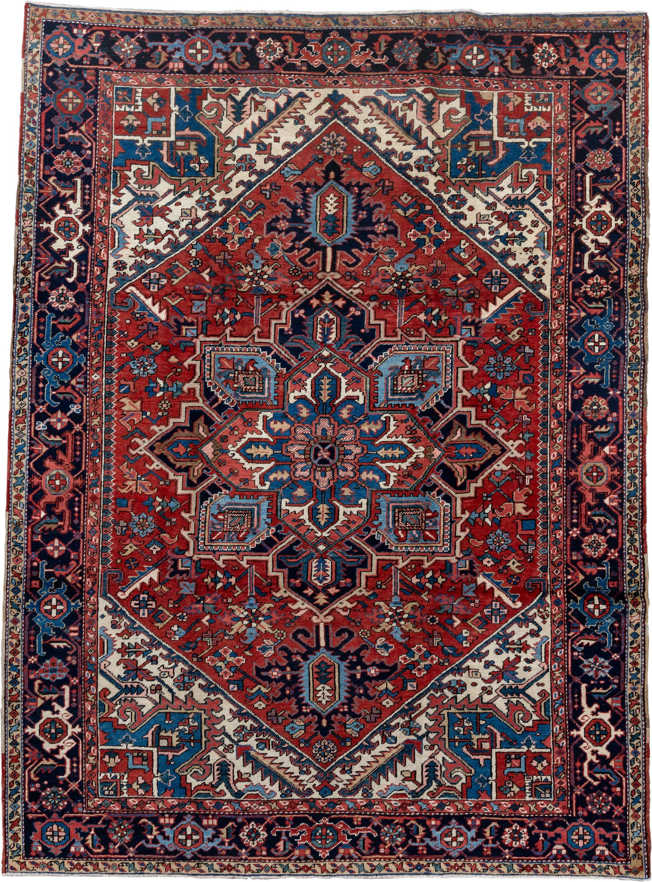 7' x 10' one-of-a-kind handmade antique Heriz large size rug. Color palette: rust, navy, ivory, sky_blue, coral, camel
