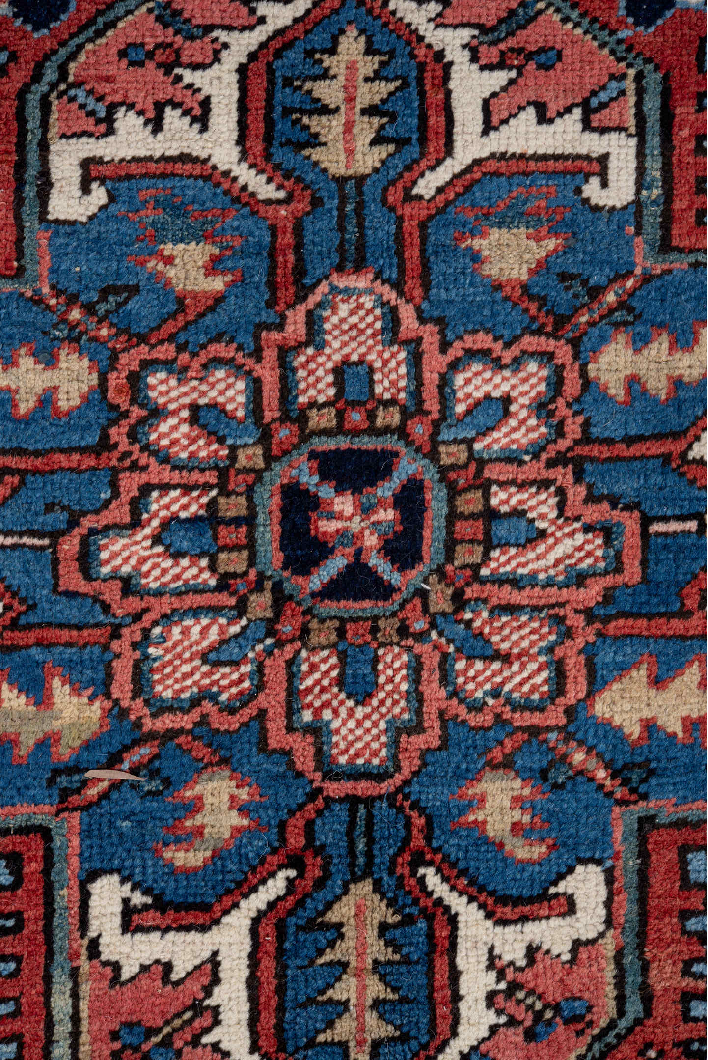 7' x 10' one-of-a-kind handmade antique Heriz large size rug. Color palette: rust, navy, ivory, sky_blue, coral, camel