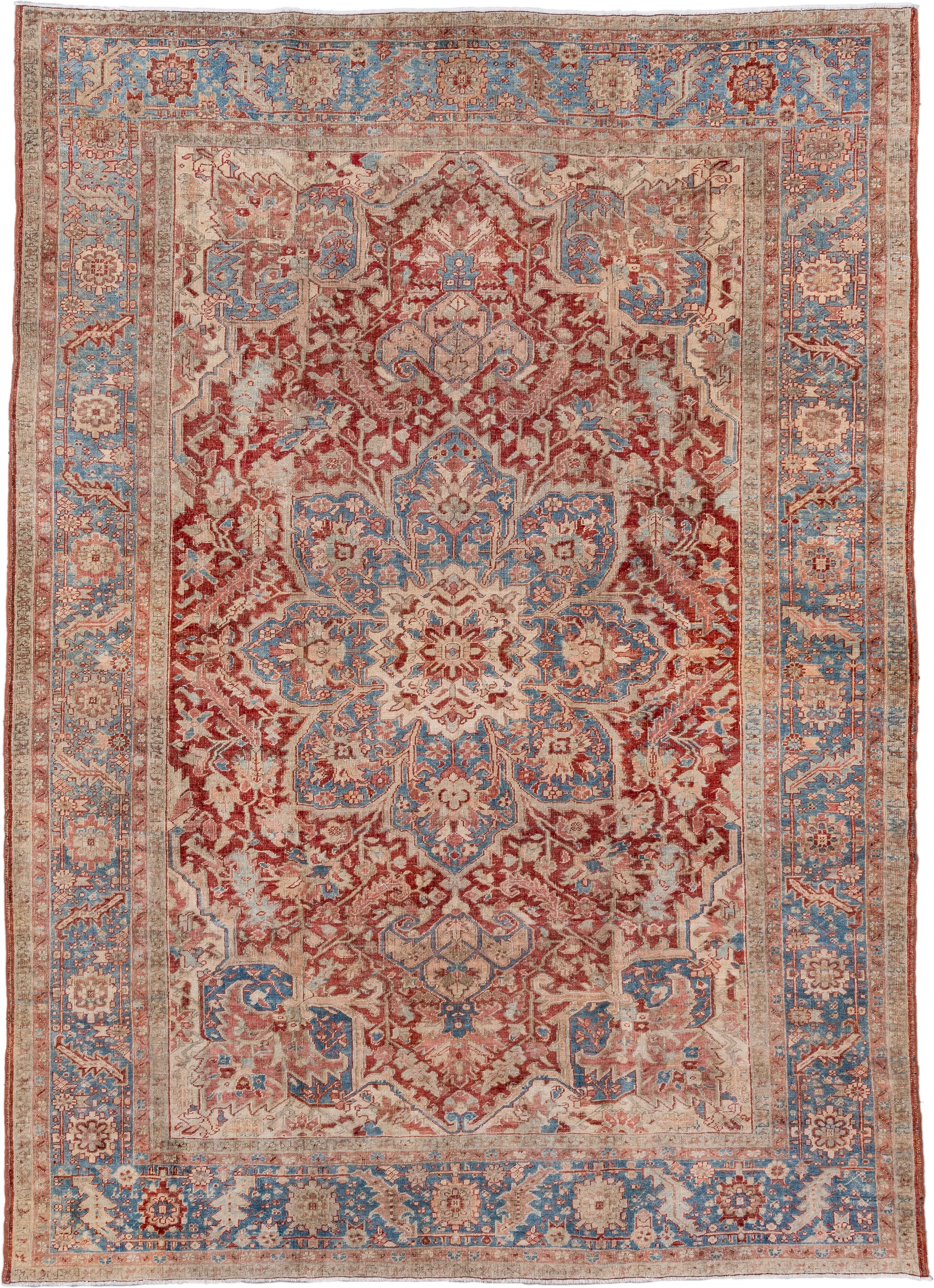 8' x 12' one-of-a-kind handmade antique Heriz large size rug. Color palette: rust, sky blue, ivory, beige, brick, camel
