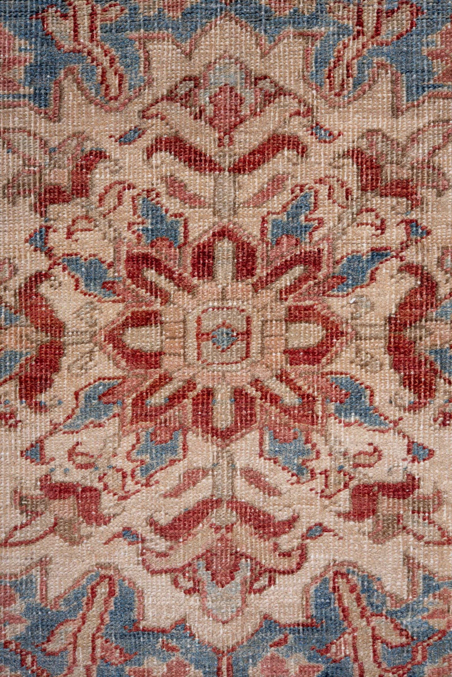 8' x 12' one-of-a-kind handmade antique Heriz large size rug. Color palette: rust, sky blue, ivory, beige, brick, camel