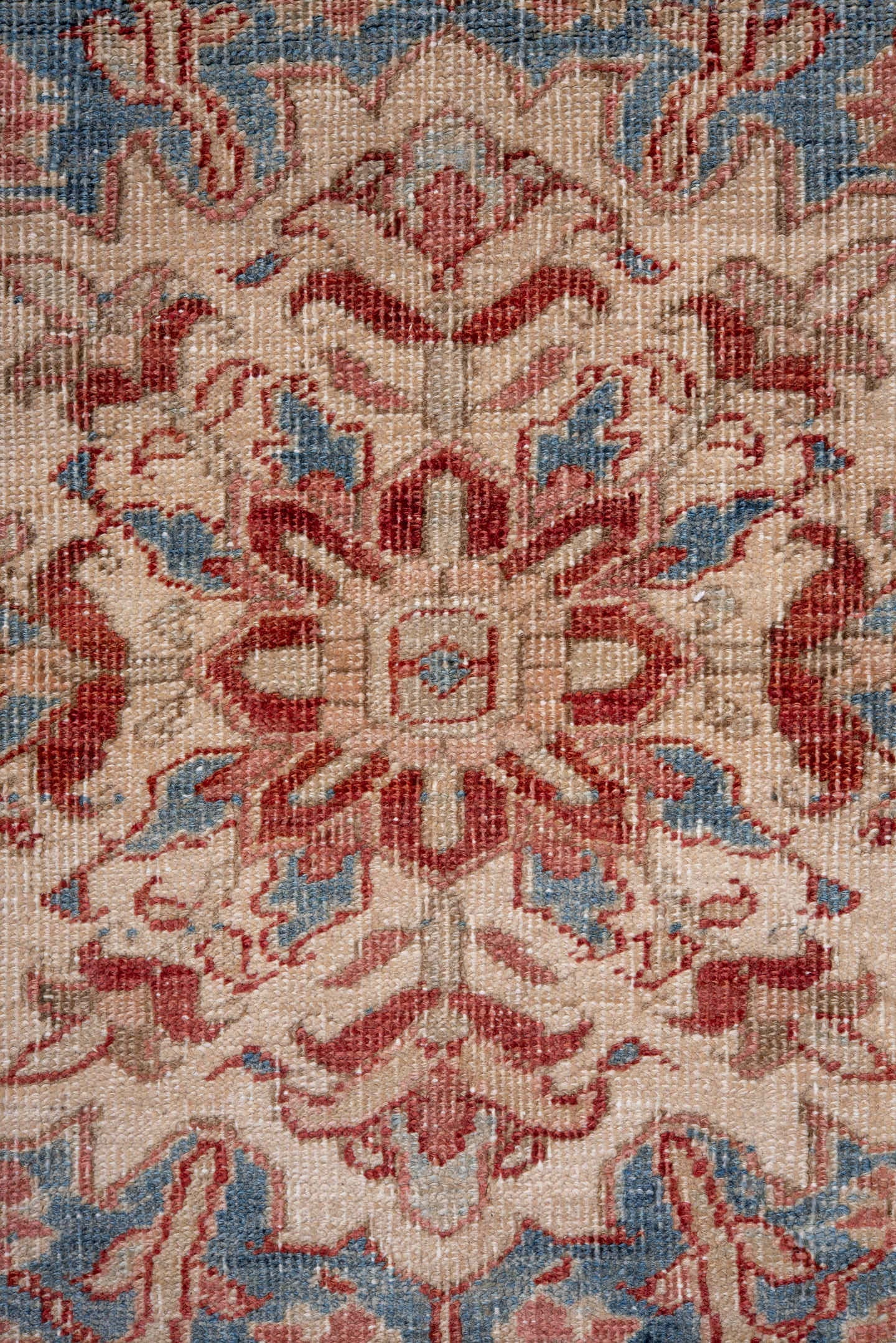 8' x 12' one-of-a-kind handmade antique Heriz large size rug. Color palette: rust, sky blue, ivory, beige, brick, camel