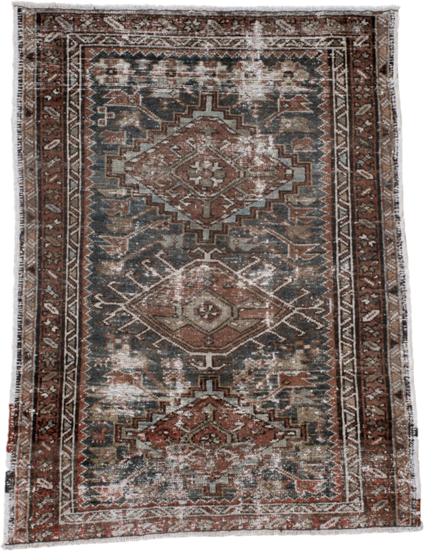 3' x 3' one-of-a-kind handmade vintage Karaje small size rug. Color palette: rust, charcoal, ivory, taupe, brown, camel