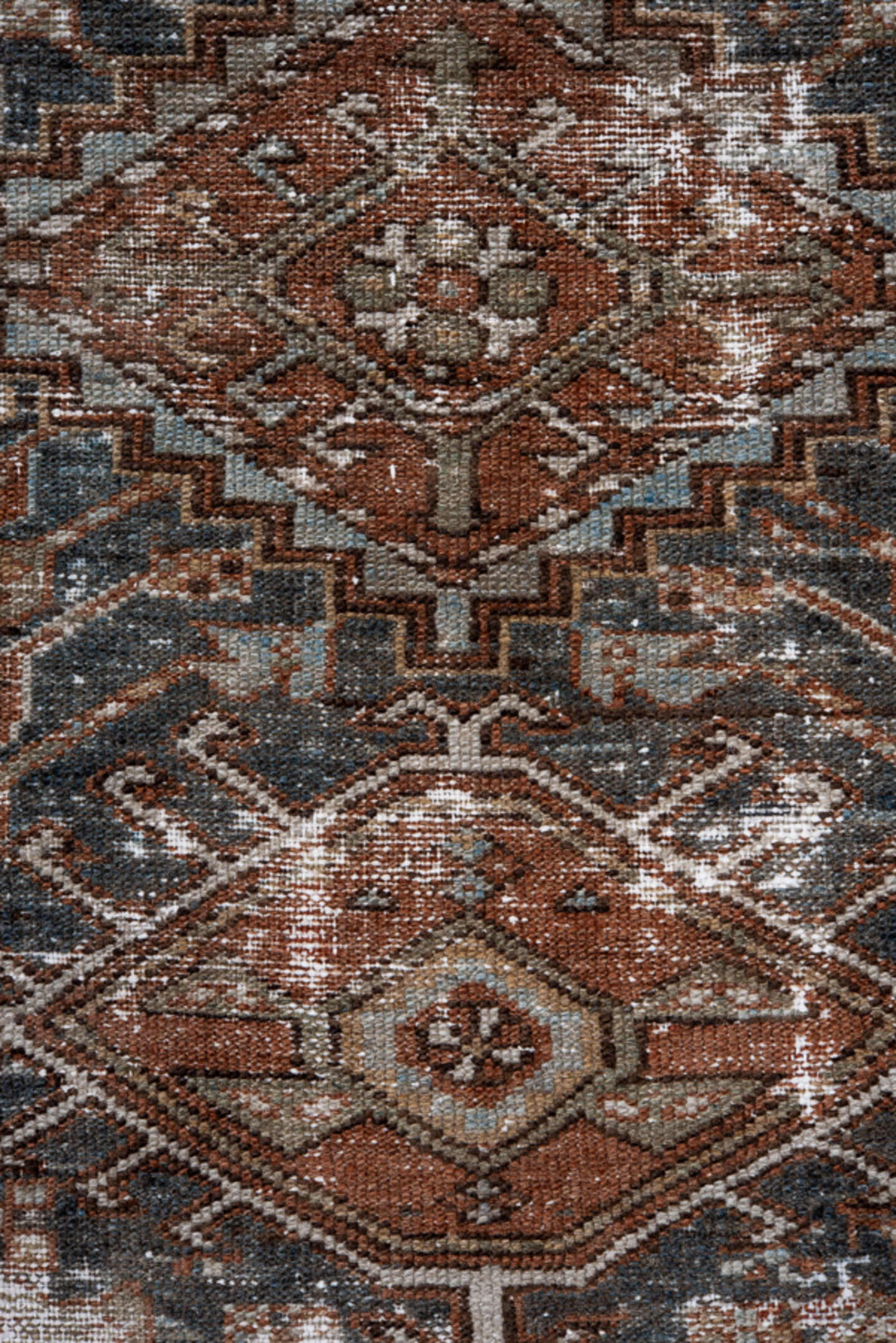 3' x 3' one-of-a-kind handmade vintage Karaje small size rug. Color palette: rust, charcoal, ivory, taupe, brown, camel