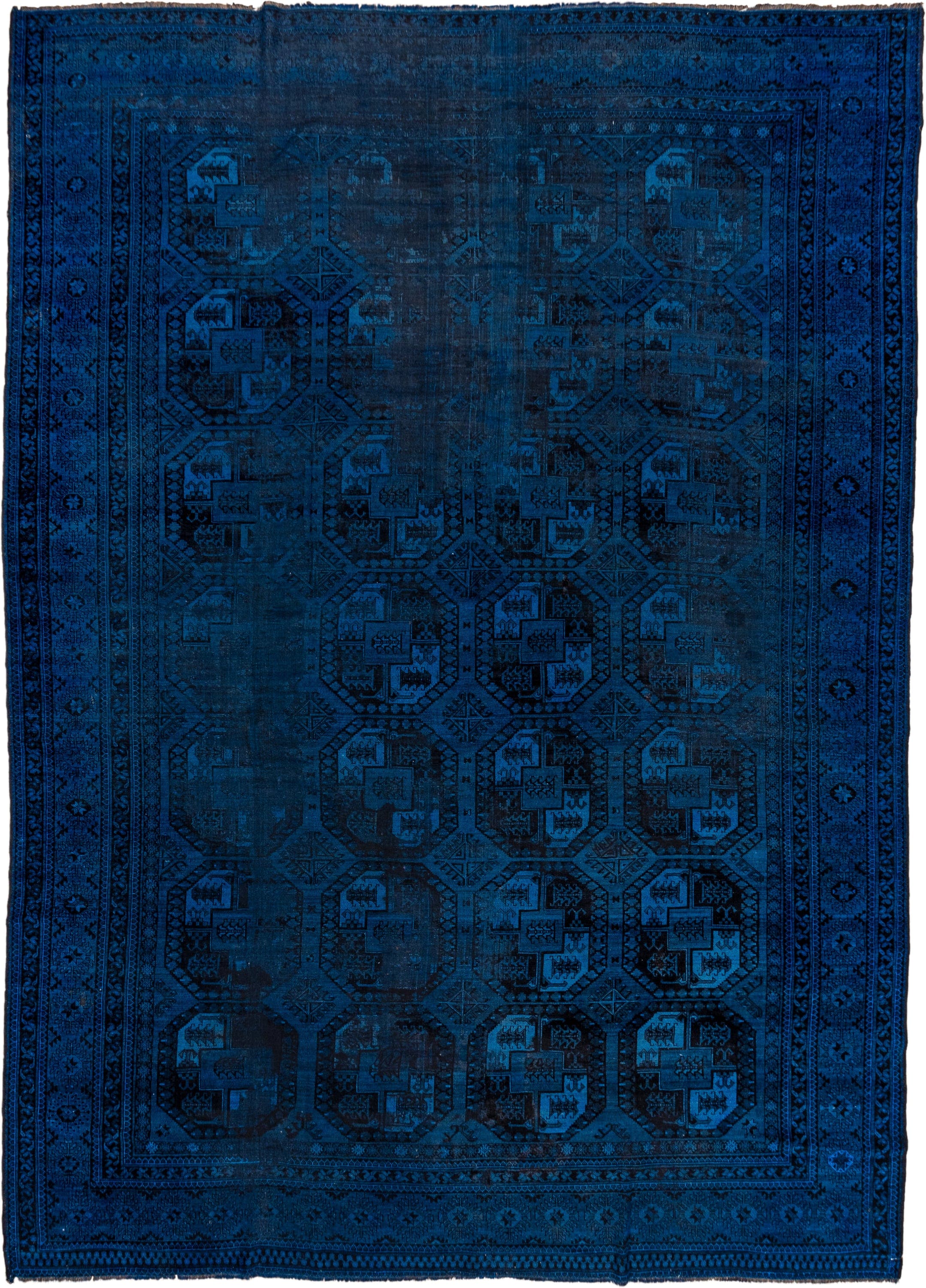 9' x 13' one-of-a-kind handmade antique Overdyed large size rug. Color palette: cobalt, navy, indigo, charcoal, ink blue