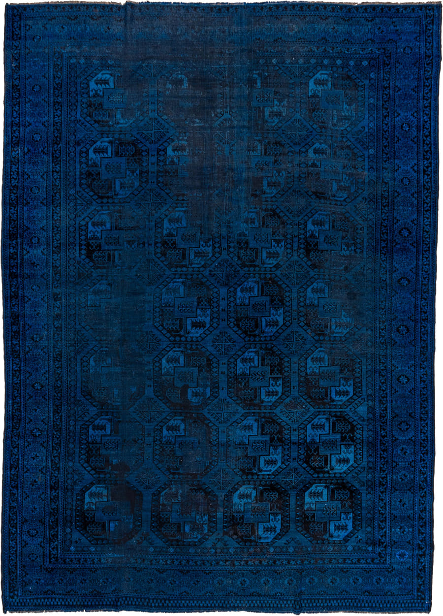 9' x 13' one-of-a-kind handmade antique Overdyed large size rug. Color palette: cobalt, navy, indigo, charcoal, ink blue