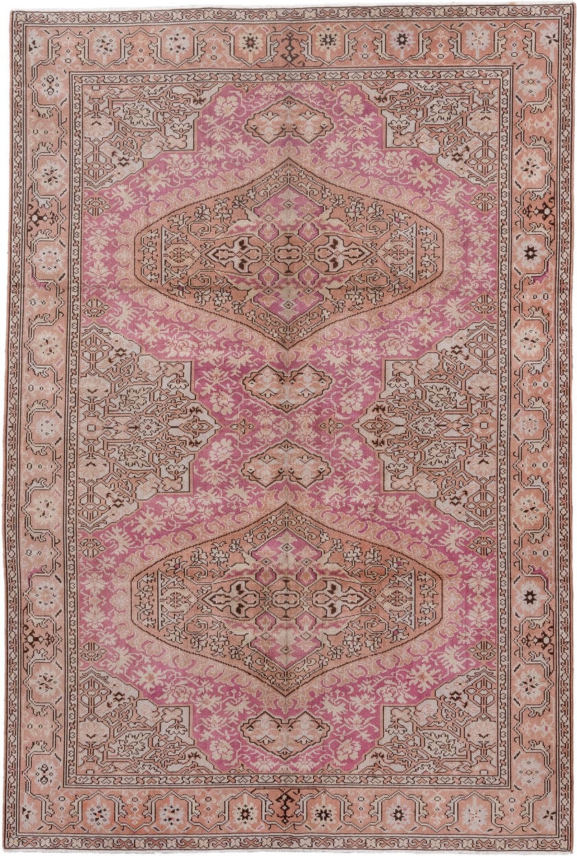 6' x 9' one-of-a-kind handmade antique Sivas medium size rug. Color palette: blush, rose, ivory, taupe, camel, brown, pink