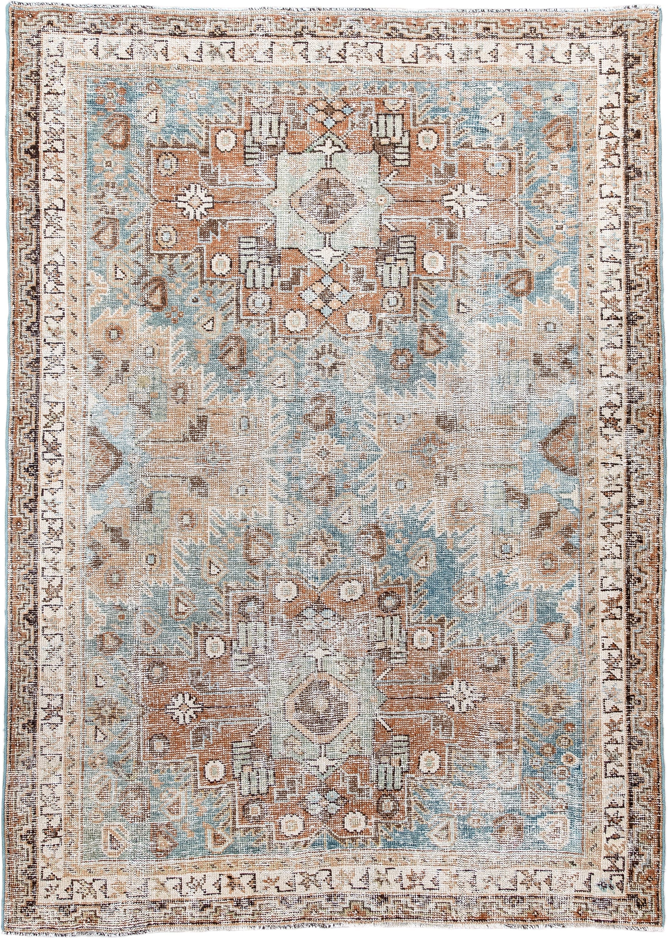 4' x 6' one-of-a-kind handmade antique Afshar small size rug. Color palette: ivory, light blue, camel, rust, taupe, brown