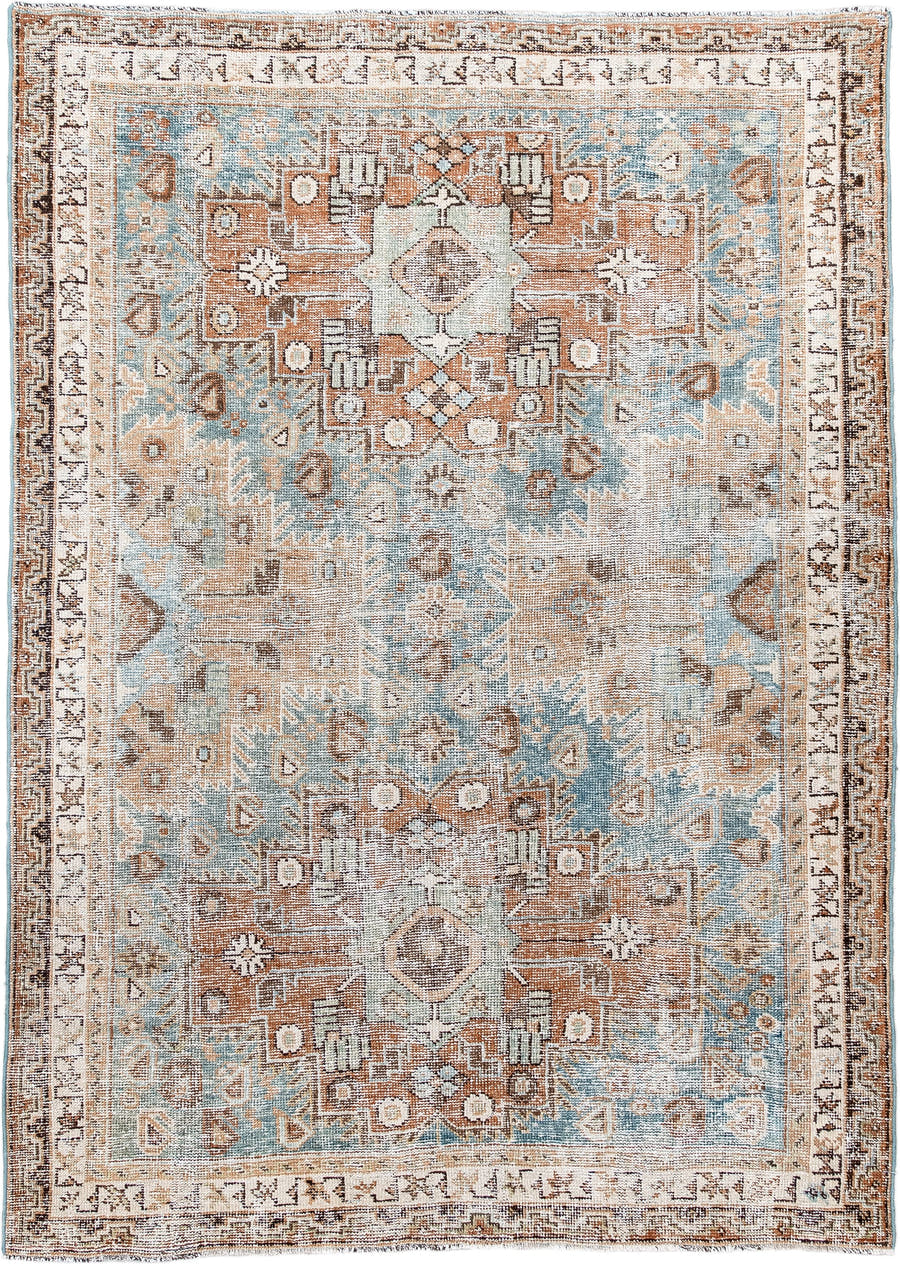 4' x 6' one-of-a-kind handmade antique Afshar small size rug. Color palette: ivory, light blue, camel, rust, taupe, brown