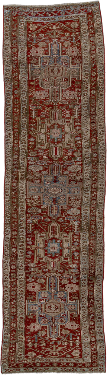 3' x 11' one-of-a-kind handmade antique Karaje runner rug. Color palette: rust, ivory, sky_blue, taupe, camel, slate