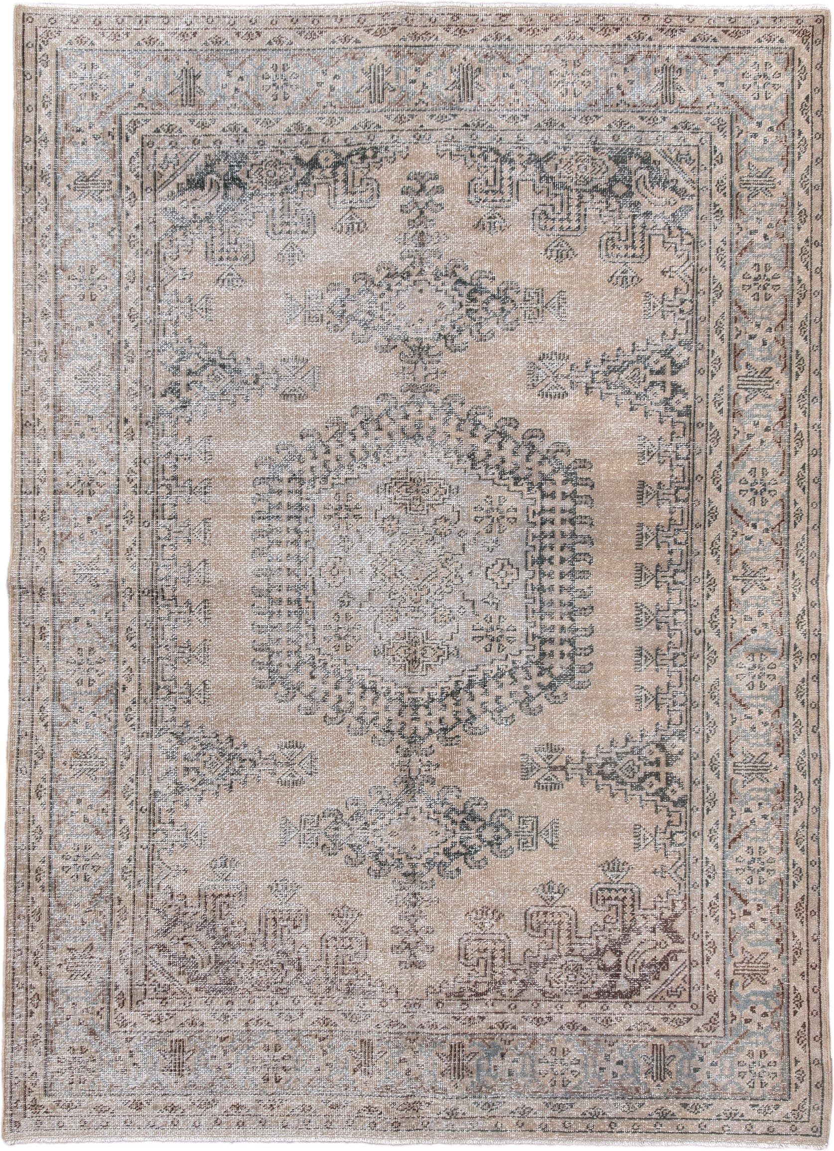 5' x 7' one-of-a-kind handmade antique Veece rug. Color palette: beige, ivory, taupe, slate, pale blue, brown, gray