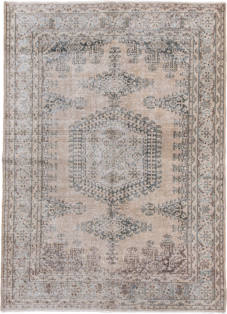 5' x 7' one-of-a-kind handmade antique Veece rug. Color palette: beige, ivory, taupe, slate, pale blue, brown, gray