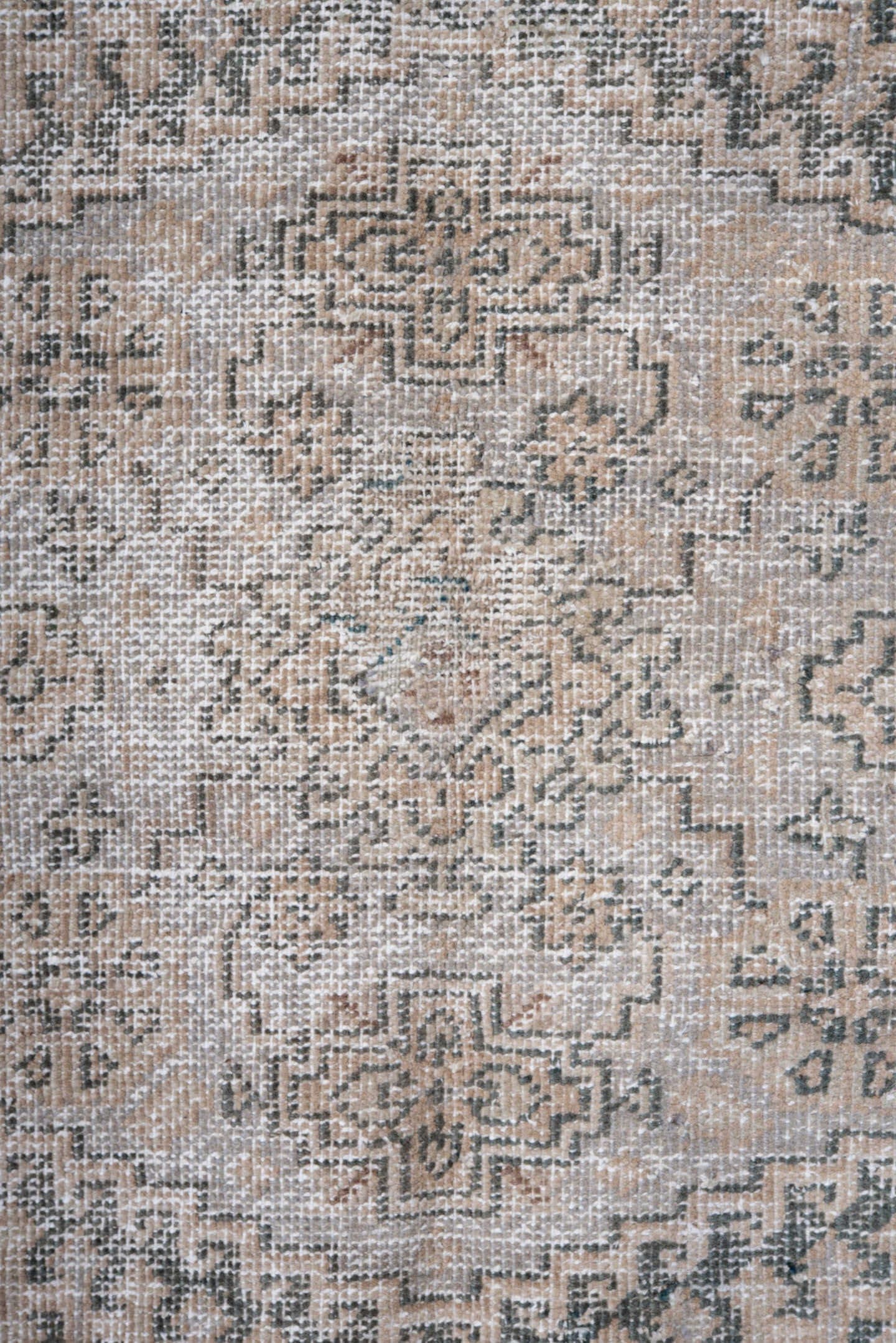 5' x 7' one-of-a-kind handmade antique Veece rug. Color palette: beige, ivory, taupe, slate, pale blue, brown, gray