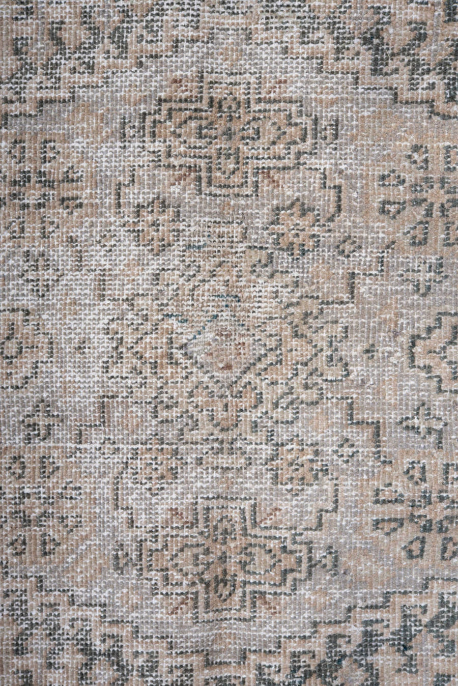 5' x 7' one-of-a-kind handmade antique Veece rug. Color palette: beige, ivory, taupe, slate, pale blue, brown, gray