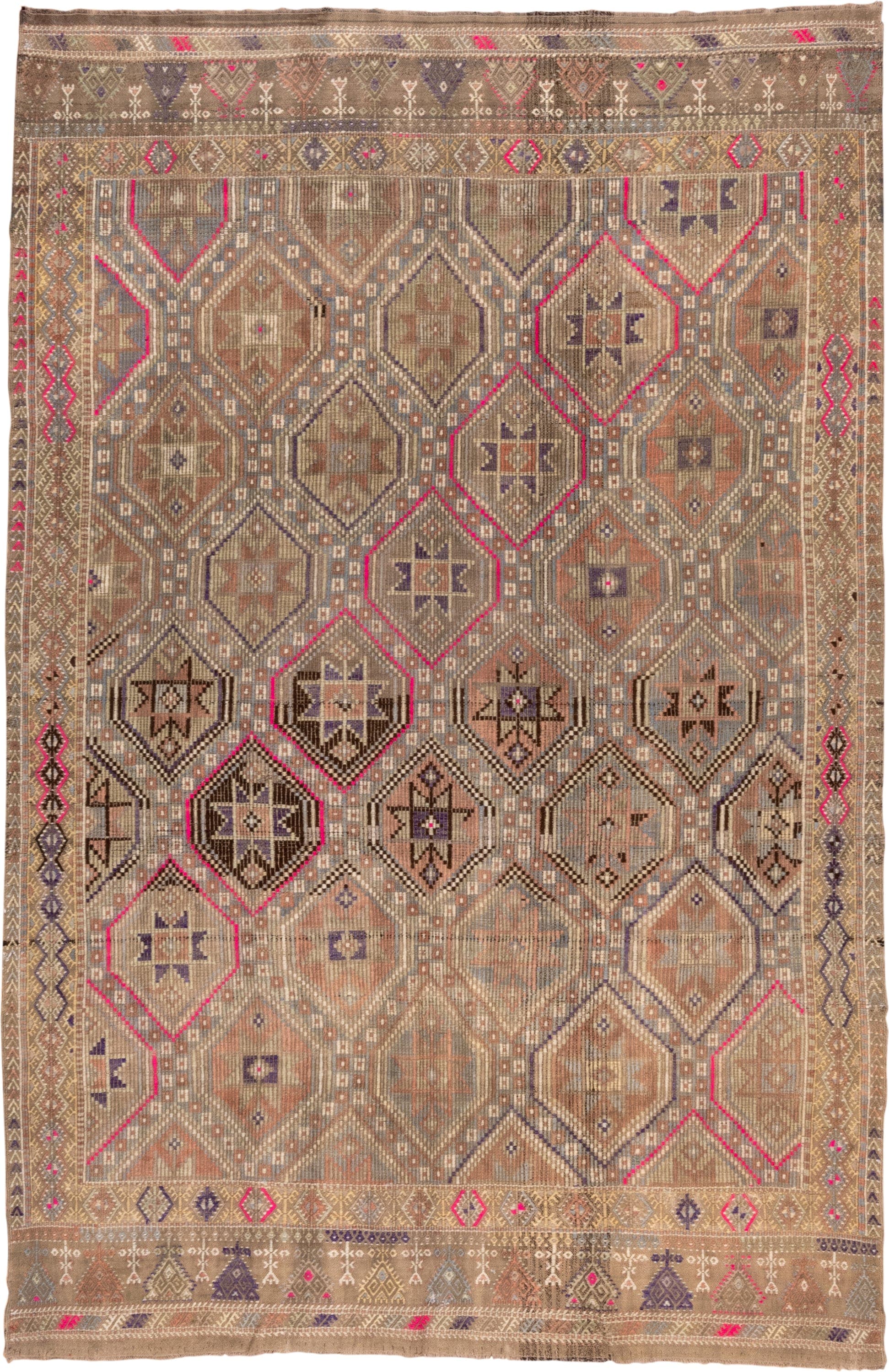 6' x 9' one-of-a-kind handmade antique Jijim medium size rug. Color palette: camel, taupe, rose, ivory, slate, violet, sand