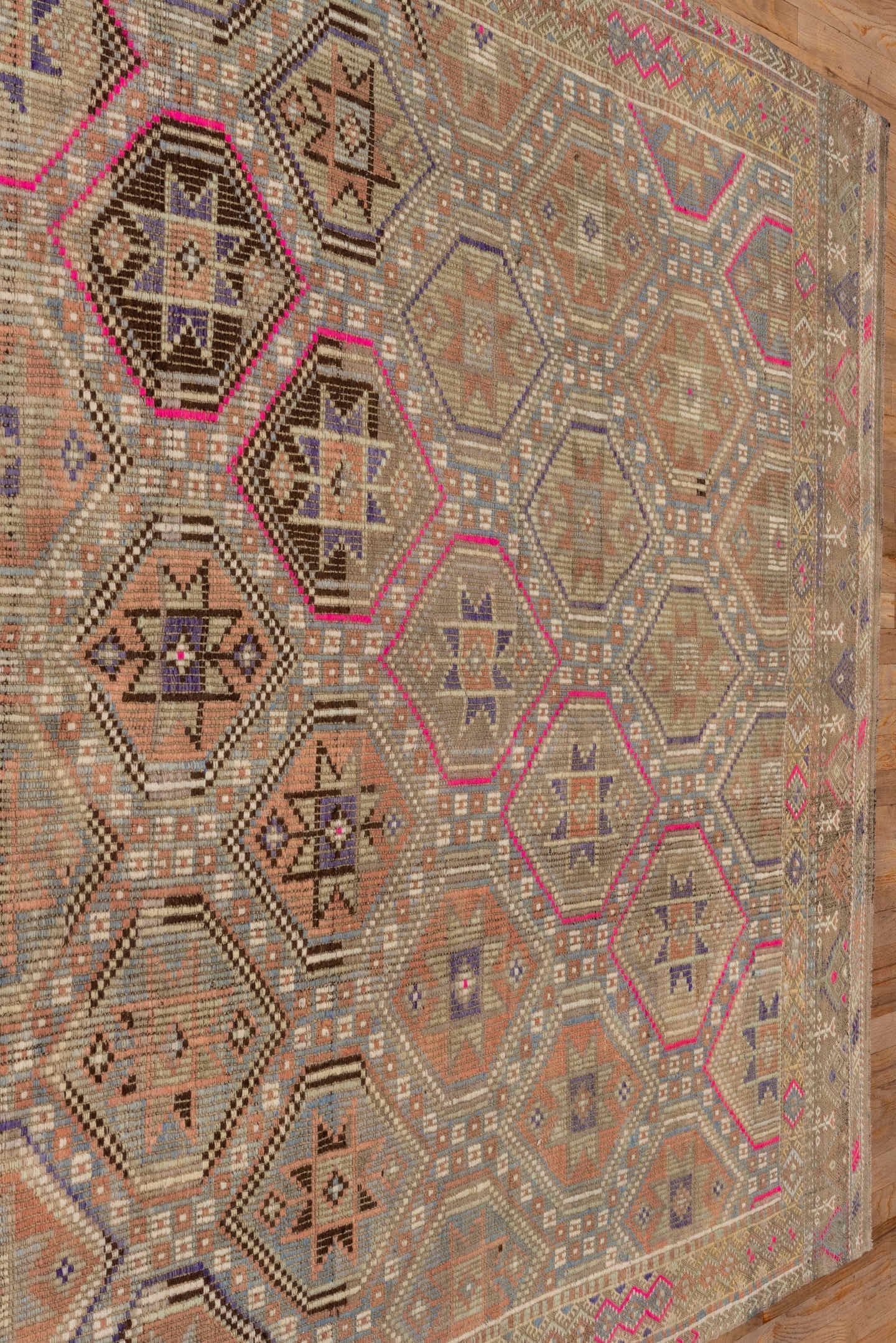 6' x 9' one-of-a-kind handmade antique Jijim medium size rug. Color palette: camel, taupe, rose, ivory, slate, violet, sand
