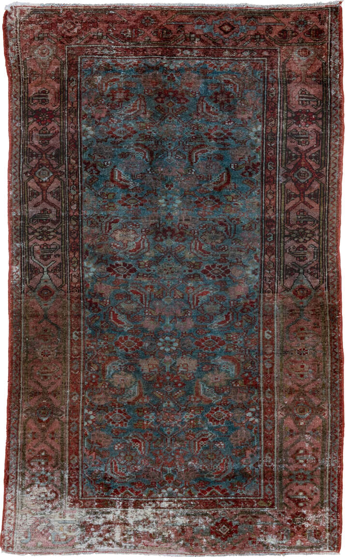 3' x 5' one-of-a-kind handmade vintage Malayer small size rug. Color palette: rust, teal, rose, burgundy, ivory, charcoal