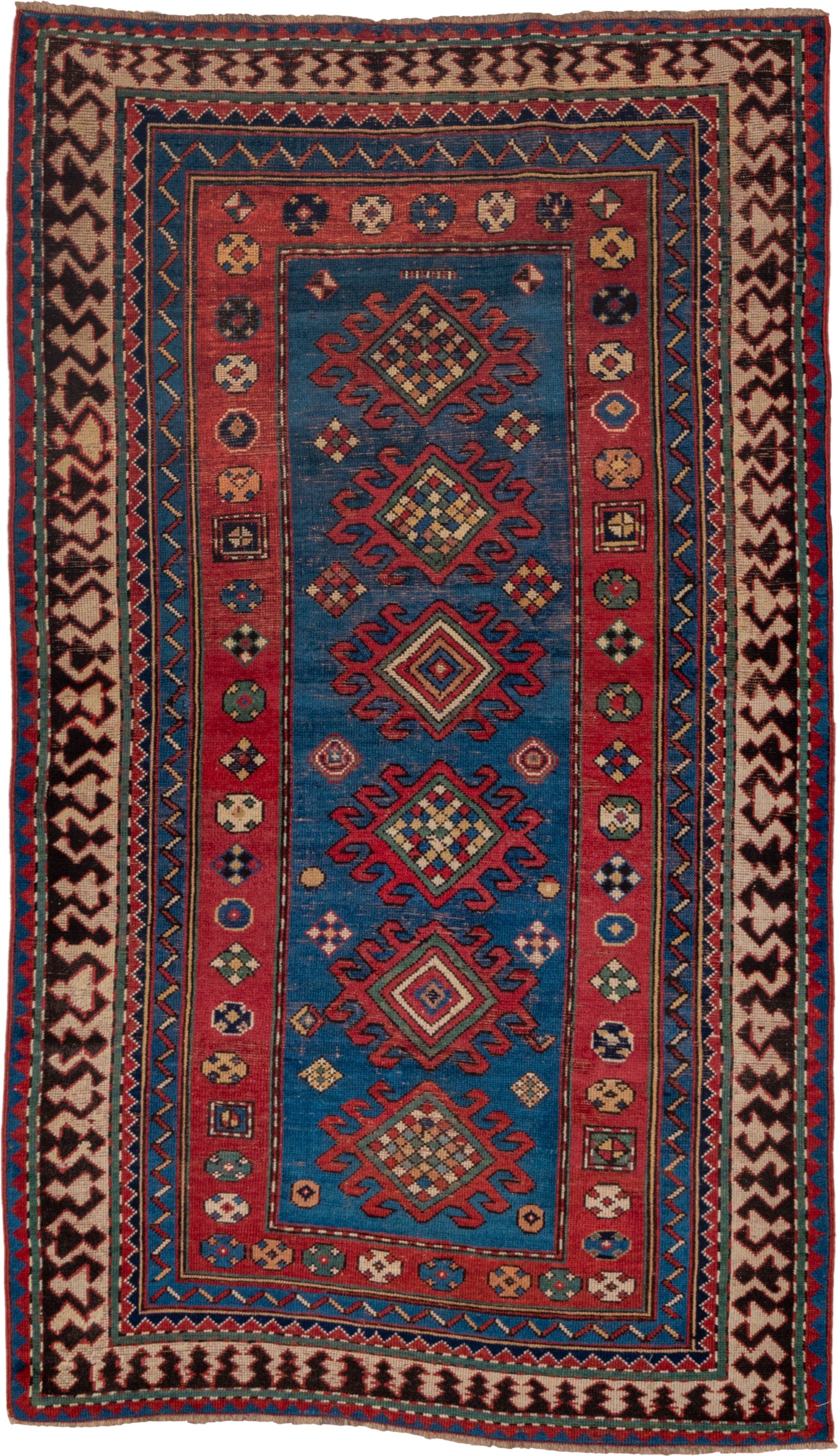 3' x 6' one-of-a-kind handmade antique Kazak small size rug. Color palette: blue, rust, ivory, navy, crimson, gold, teal