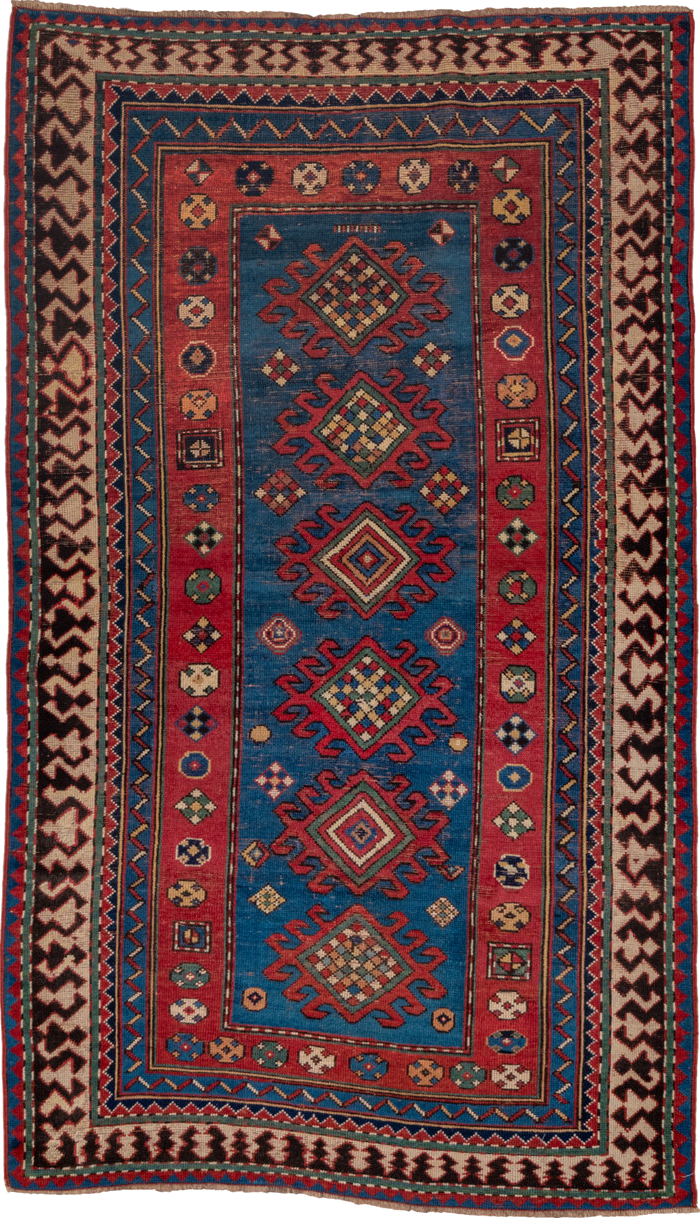 3' x 6' one-of-a-kind handmade vintage Kazak small size rug. Color palette: blue, brown, gray, pink, red