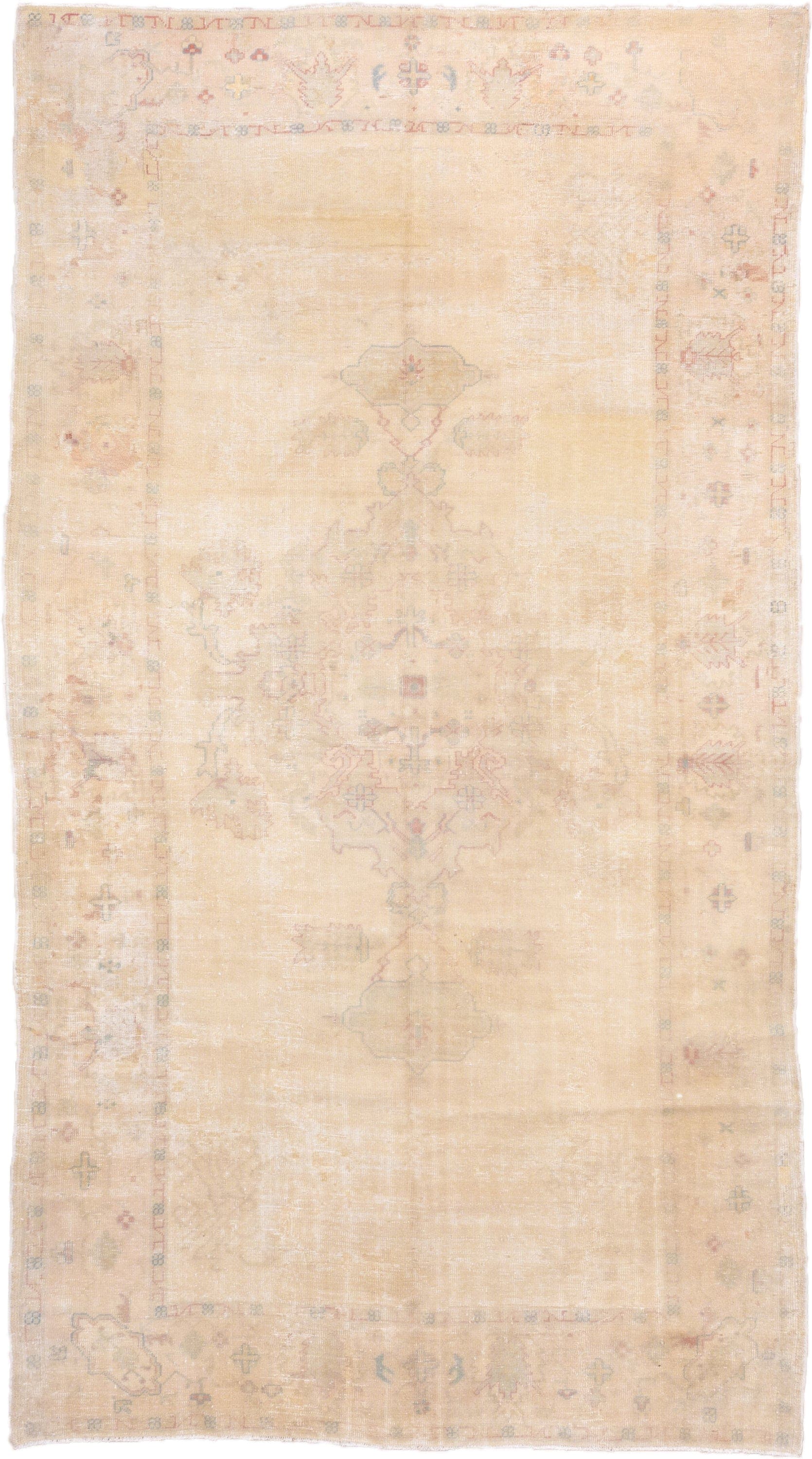 7' x 14' one-of-a-kind handmade antique Oushak large size rug. Color palette: apricot, ivory, peach, sage, taupe, rose