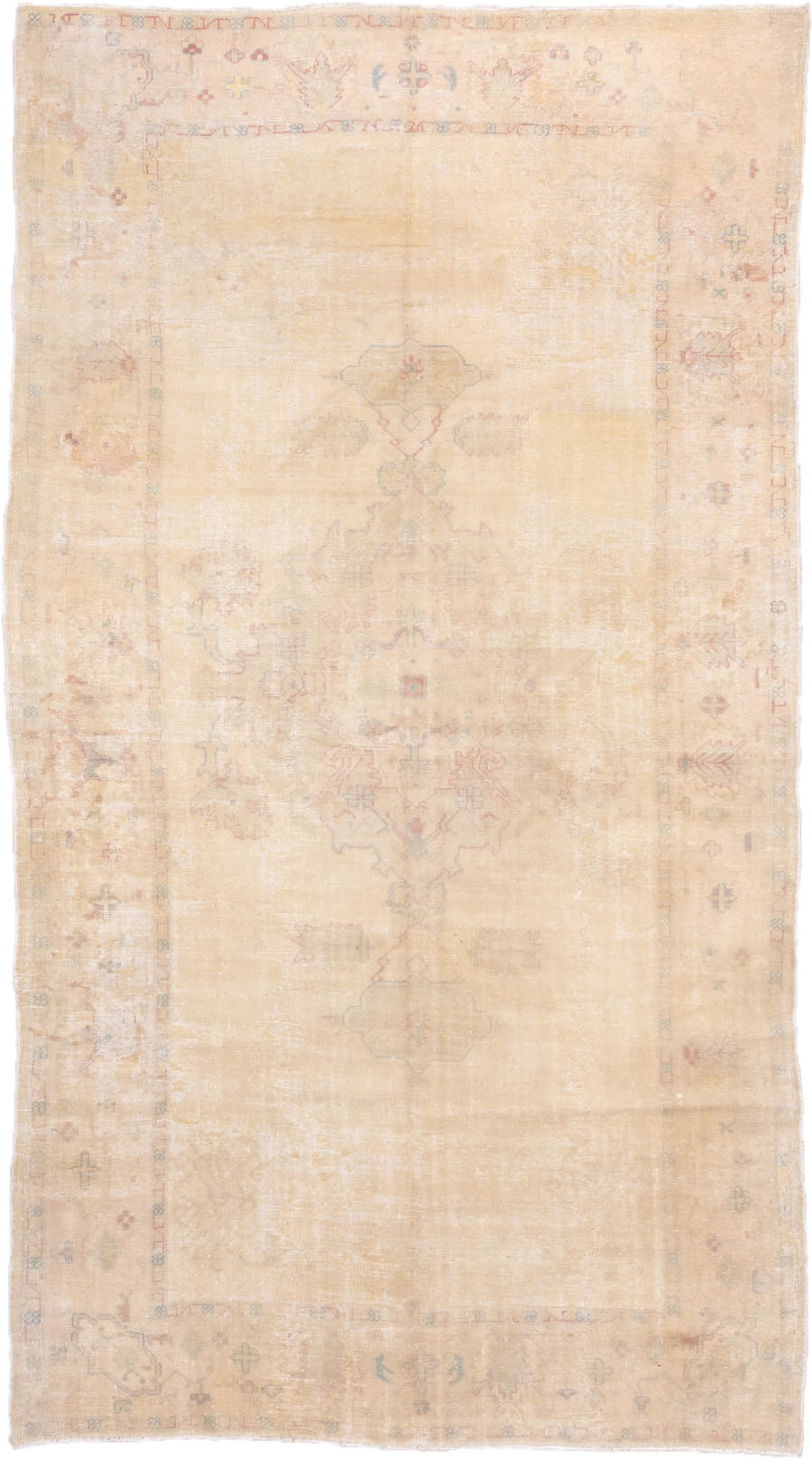 7' x 14' one-of-a-kind handmade antique Oushak large size rug. Color palette: apricot, ivory, peach, sage, taupe, rose