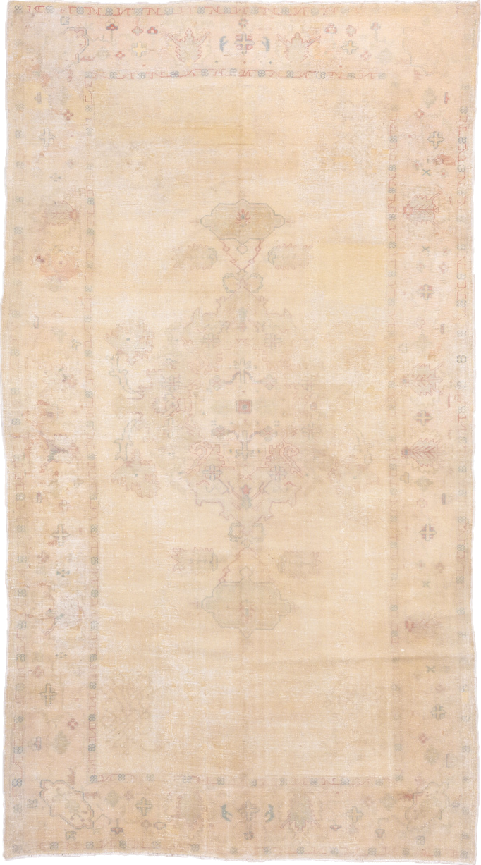 7' x 14' one-of-a-kind handmade antique Oushak large size rug. Color palette: apricot, ivory, peach, sage, taupe, rose