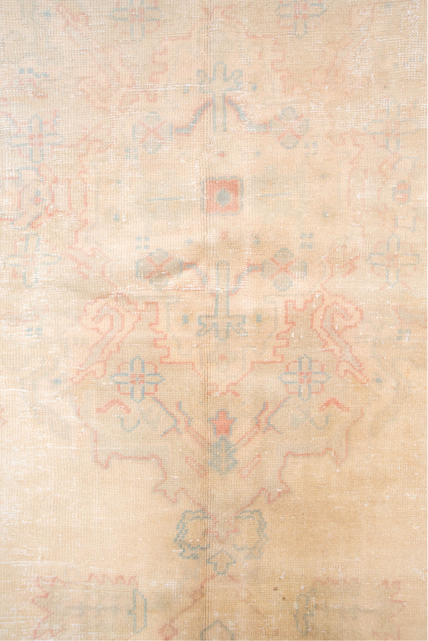 7' x 14' one-of-a-kind handmade antique Oushak large size rug. Color palette: apricot, ivory, peach, sage, taupe, rose