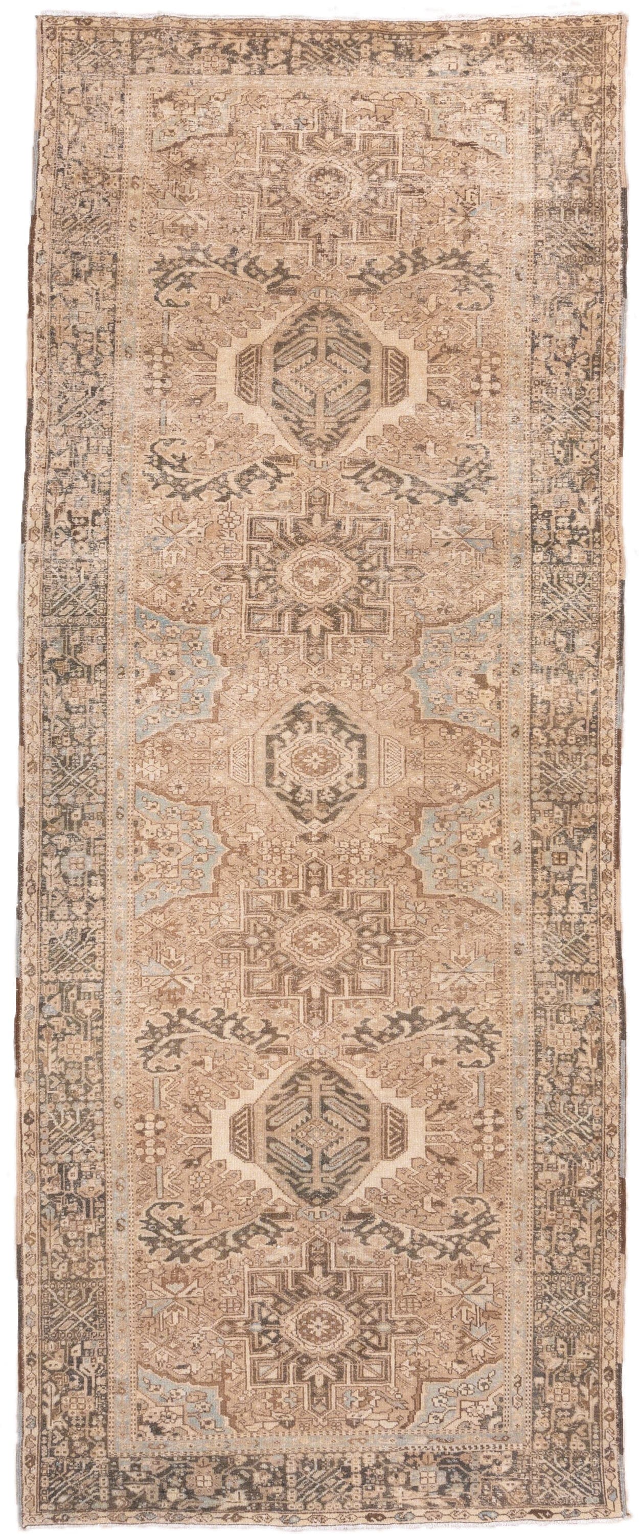 5' x 12' one-of-a-kind handmade antique Karaje runner rug. Color palette: ivory, taupe, camel, brown, pale blue, charcoal