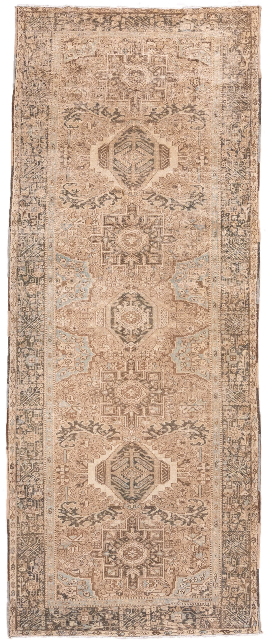 5' x 12' one-of-a-kind handmade antique Karaje runner rug. Color palette: ivory, taupe, camel, brown, pale blue, charcoal