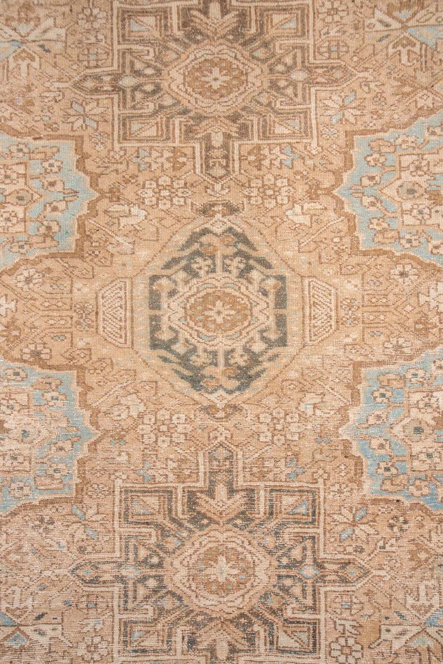 5' x 12' one-of-a-kind handmade antique Karaje runner rug. Color palette: ivory, taupe, camel, brown, pale blue, charcoal