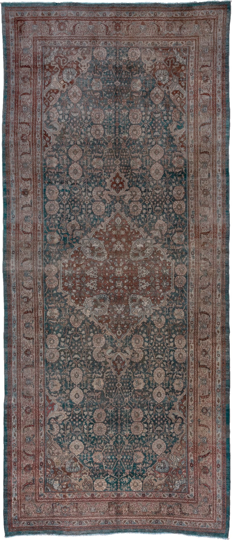 7' x 17' one-of-a-kind handmade vintage Malayer rug. Color palette: teal, rust, ivory, rose, taupe, slate, burgundy