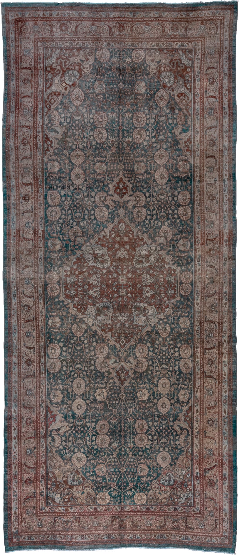 7' x 17' one-of-a-kind handmade vintage Malayer rug. Color palette: teal, rust, ivory, rose, taupe, slate, burgundy