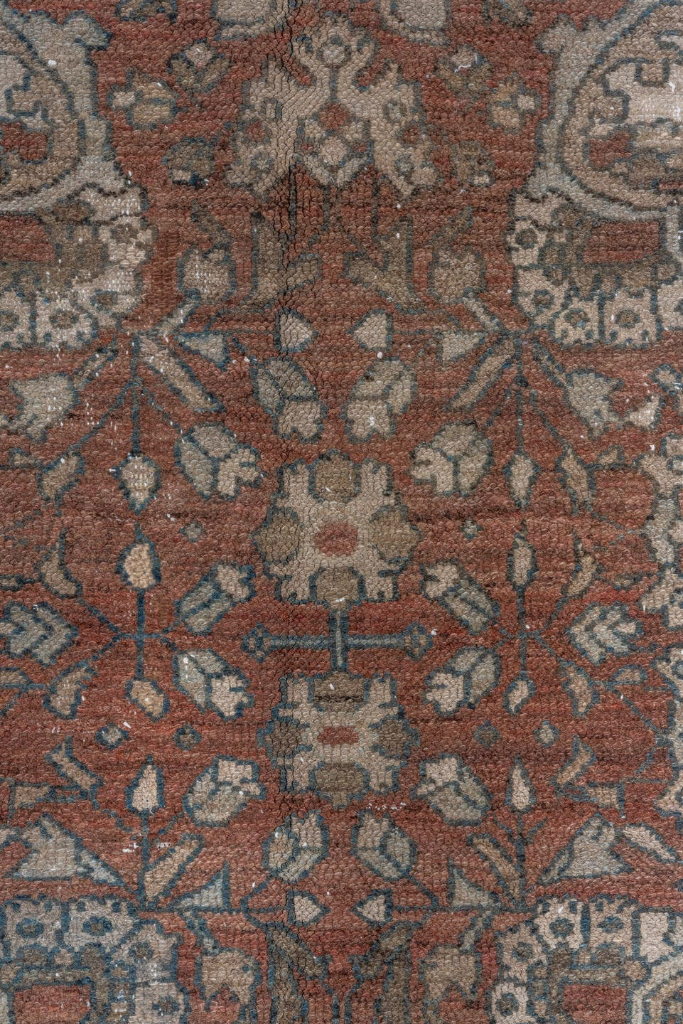 7' x 17' one-of-a-kind handmade vintage Malayer rug. Color palette: teal, rust, ivory, rose, taupe, slate, burgundy