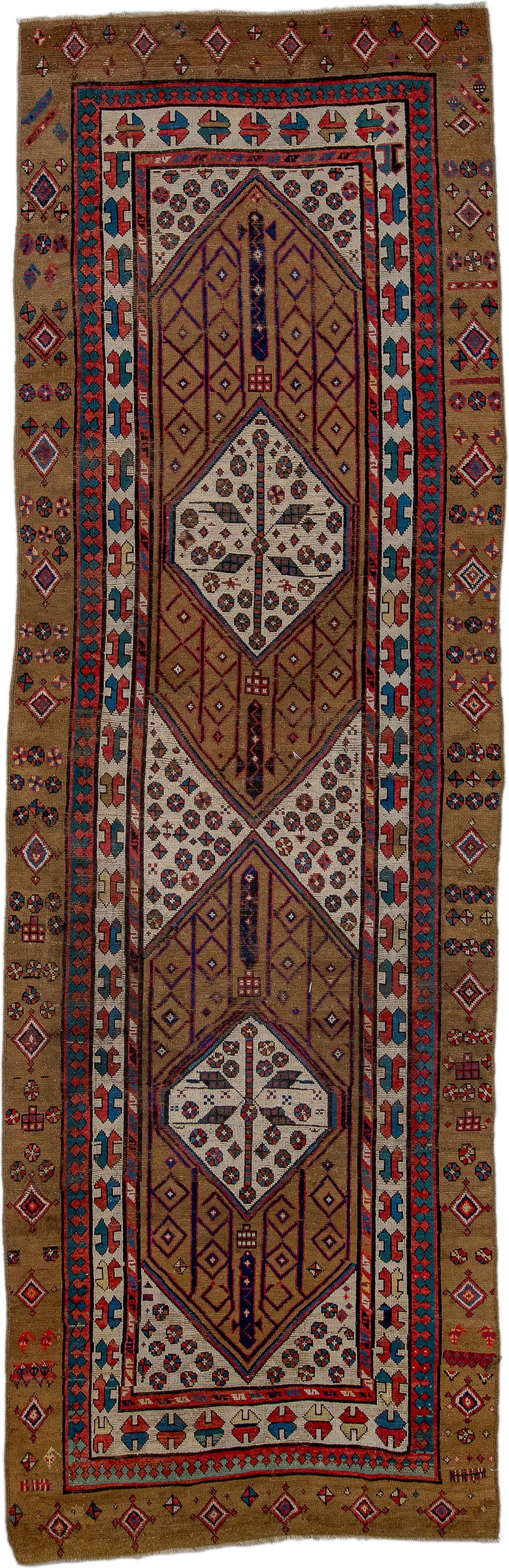 3' x 12' one-of-a-kind handmade antique Sarab runner rug. Color palette: camel, ivory, rust, navy, brick, sky_blue, brown