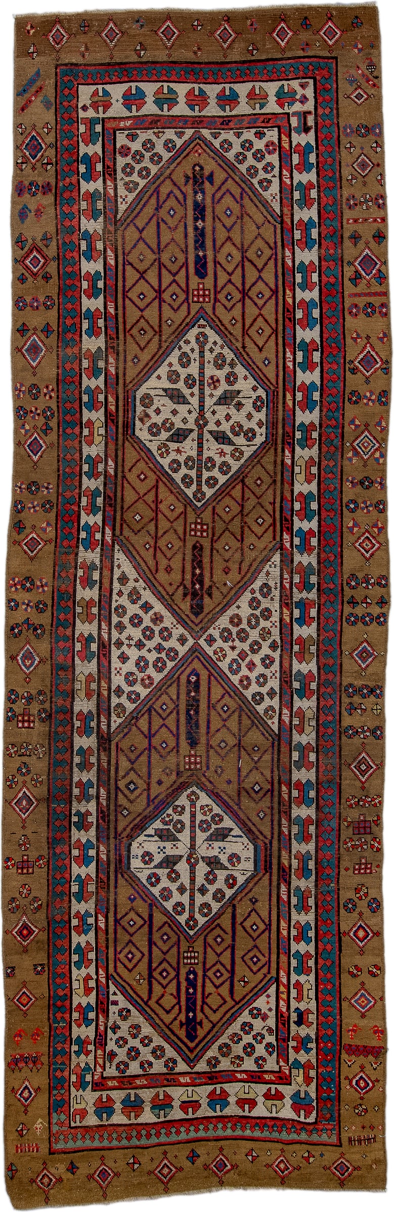 3' x 12' one-of-a-kind handmade antique Sarab runner rug. Color palette: camel, ivory, rust, navy, brick, sky_blue, brown