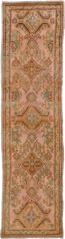 3' x 11' one-of-a-kind handmade antique Oushak runner rug. Color palette: blush, sage, gold, rust, ivory, taupe, camel, pink