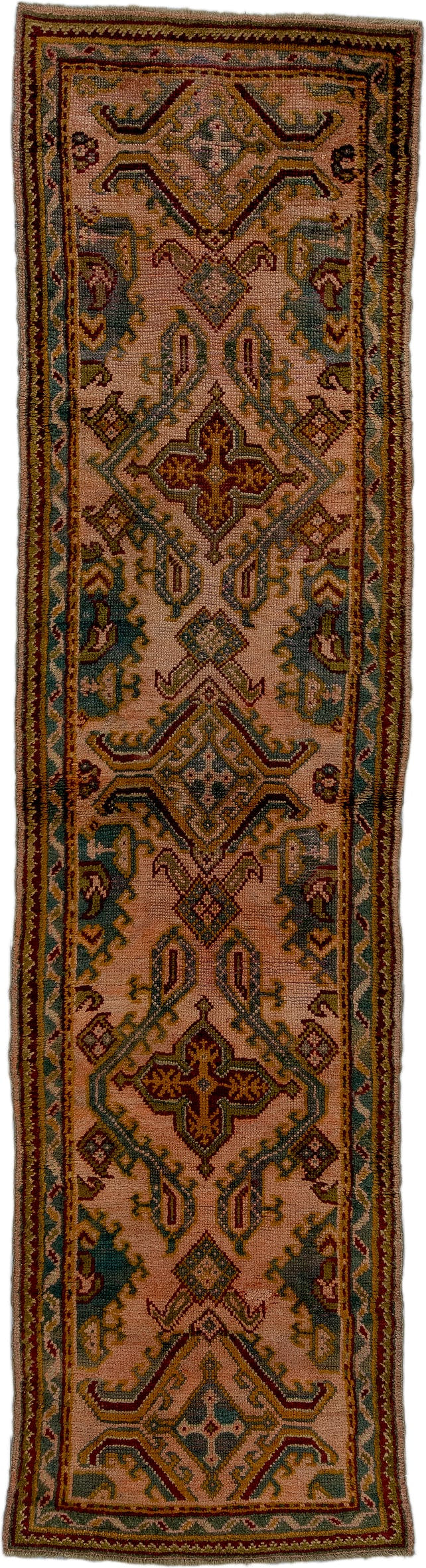3' x 11' one-of-a-kind handmade antique Oushak runner rug. Color palette: rose, rust, sage, gold, teal, burgundy, ivory