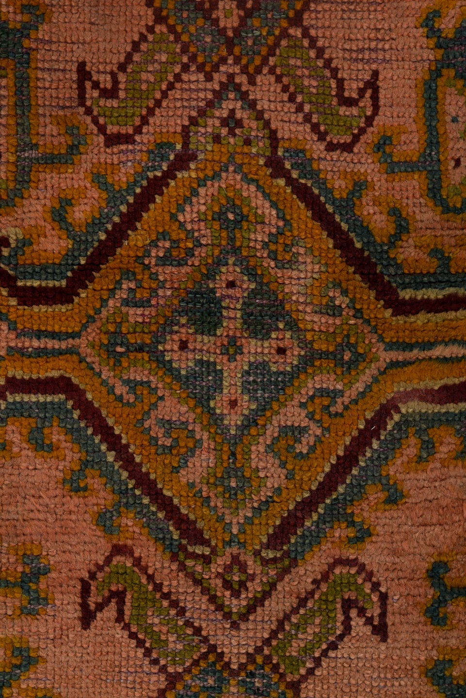 3' x 11' one-of-a-kind handmade antique Oushak runner rug. Color palette: rose, rust, sage, gold, teal, burgundy, ivory