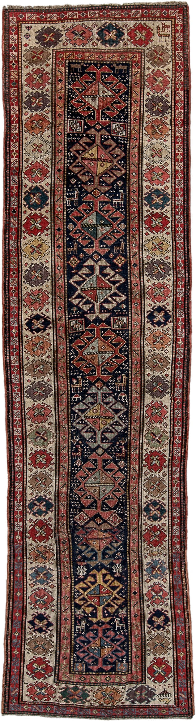 3' x 11' one-of-a-kind handmade vintage Caucasian runner rug. Color palette: navy, ivory, rust, rose, soft blue, taupe