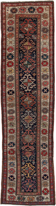 3' x 11' one-of-a-kind handmade vintage Caucasian runner rug. Color palette: navy, ivory, rust, rose, soft blue, taupe