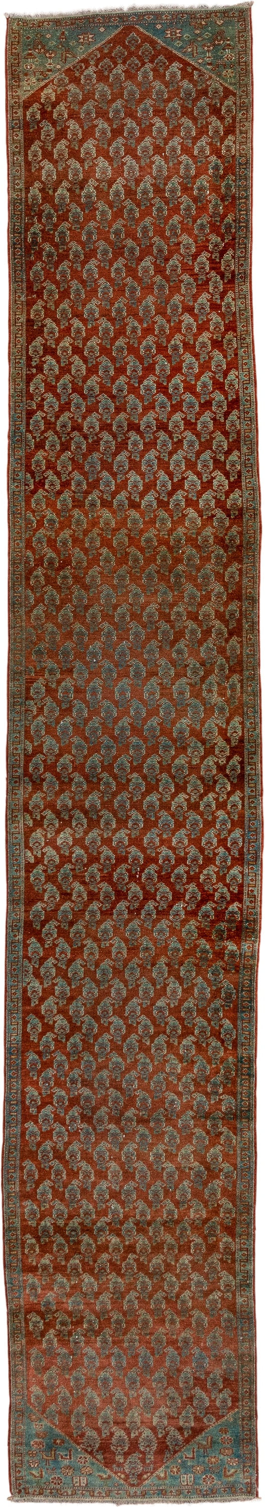 2' x 14' one-of-a-kind handmade antique Malayer runner rug. Color palette: rust, soft blue, brick, ivory, terra cotta, sage