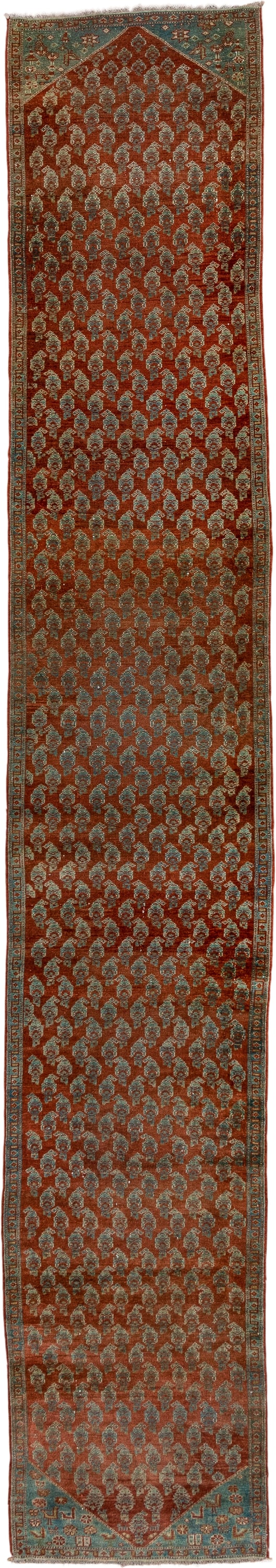 2' x 14' one-of-a-kind handmade antique Malayer runner rug. Color palette: rust, soft blue, brick, ivory, terra cotta, sage