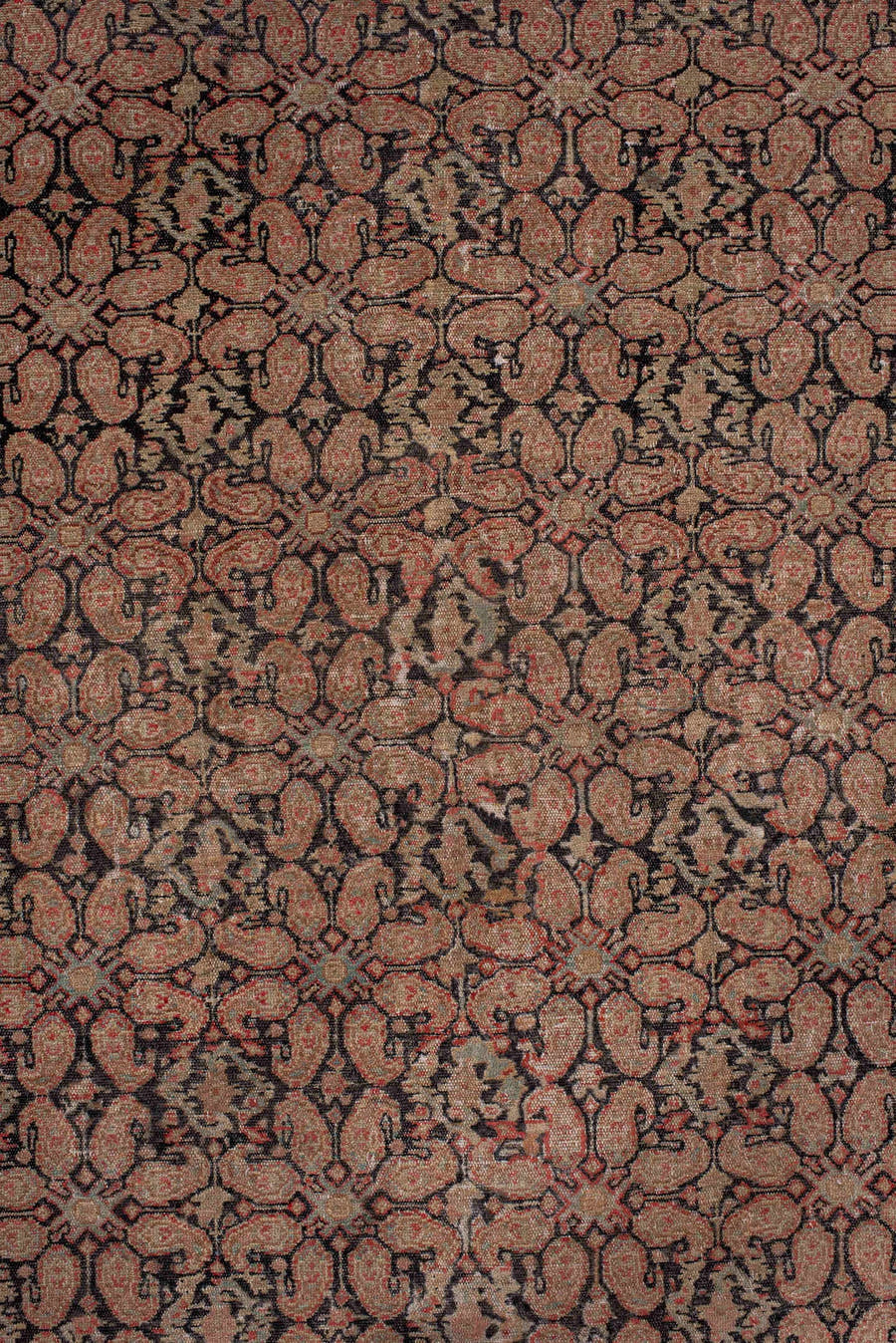 4' x 6' one-of-a-kind handmade antique Senne small size rug. Color palette: rose, rust, ivory, charcoal, taupe, terra cotta