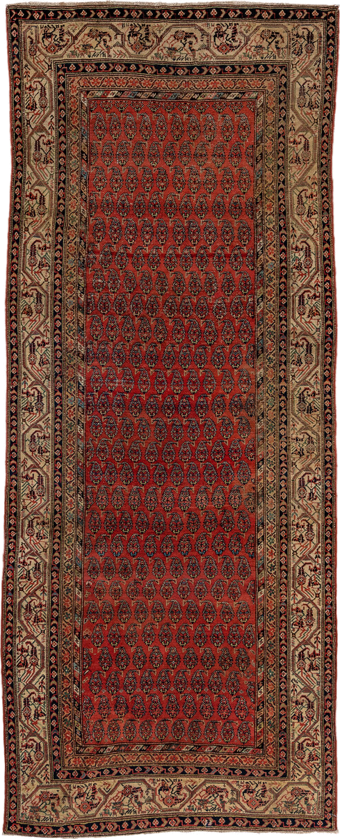 4' x 11' one-of-a-kind handmade antique Saraband runner rug. Color palette: rust, ivory, navy, camel, terracotta, charcoal
