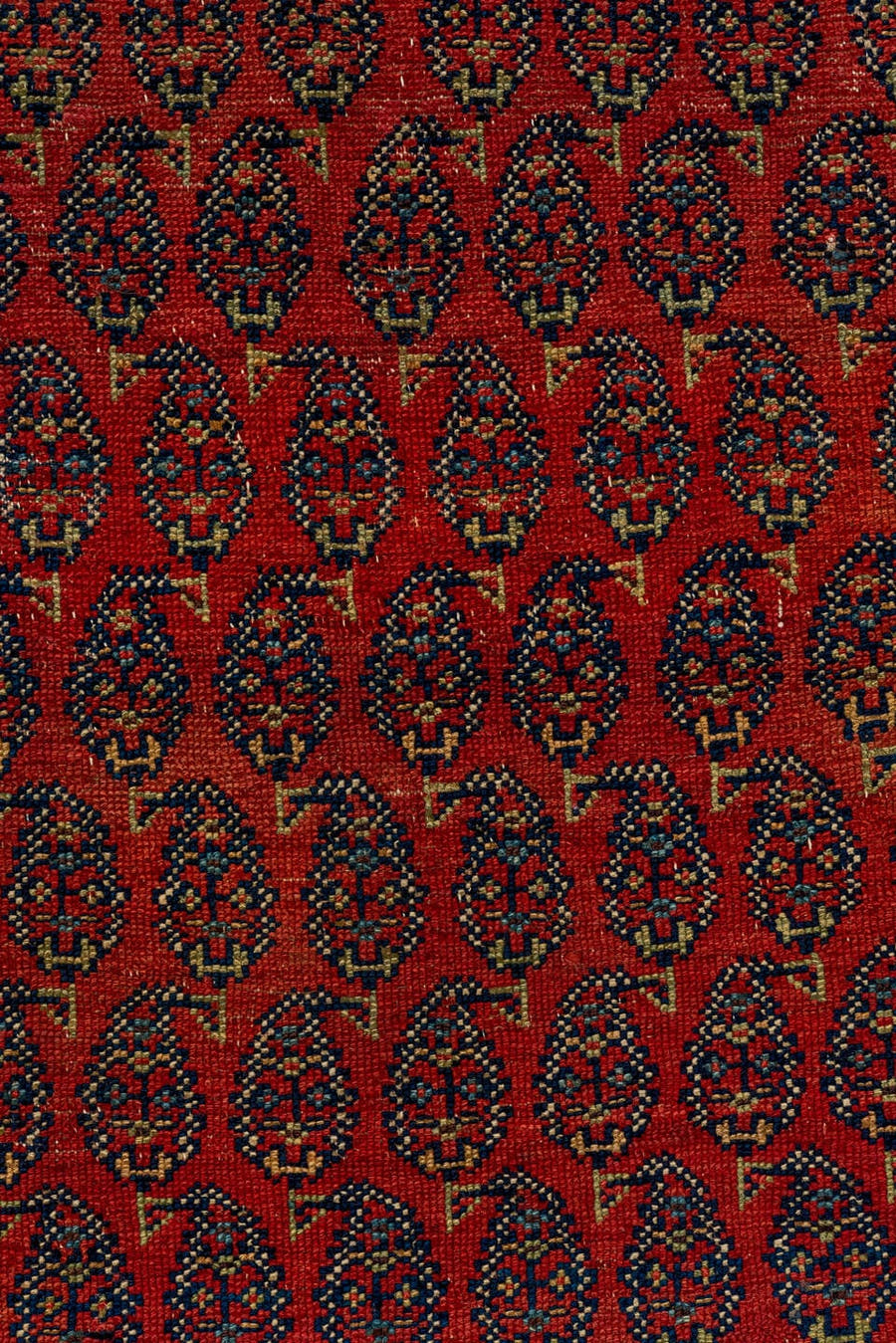 4' x 11' one-of-a-kind handmade antique Saraband runner rug. Color palette: rust, ivory, navy, camel, terracotta, charcoal