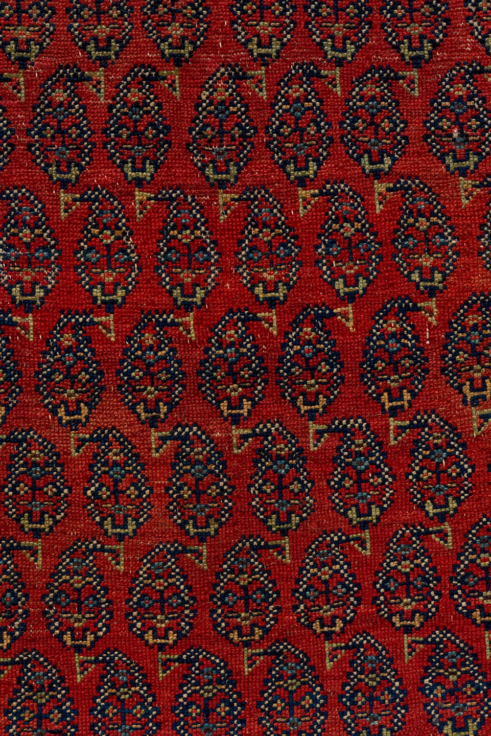4' x 11' one-of-a-kind handmade antique Saraband runner rug. Color palette: rust, ivory, navy, camel, terracotta, charcoal