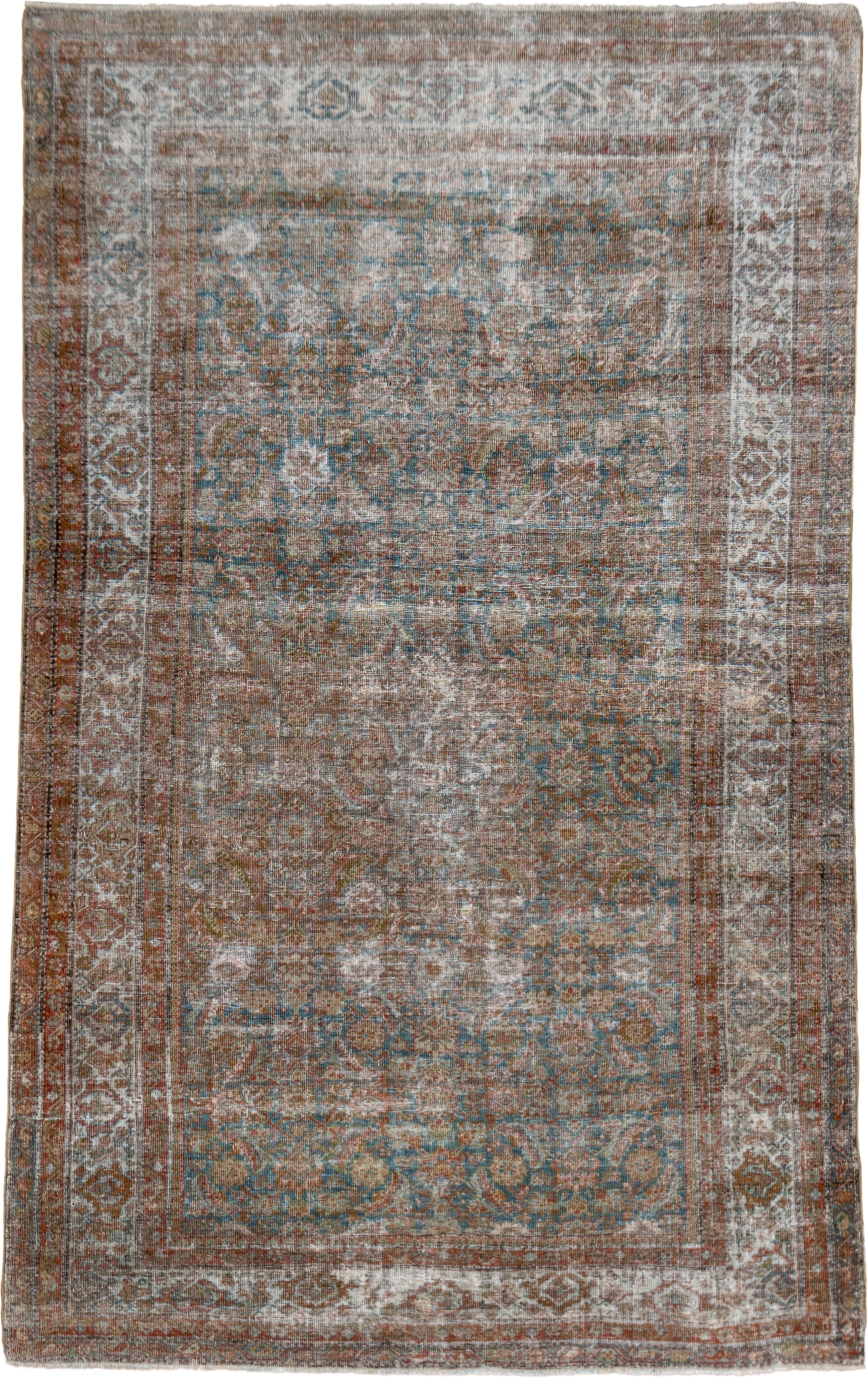 4' x 6' one-of-a-kind handmade antique Farahan small size rug. Color palette: rust, ivory, aqua, taupe, brown, slate