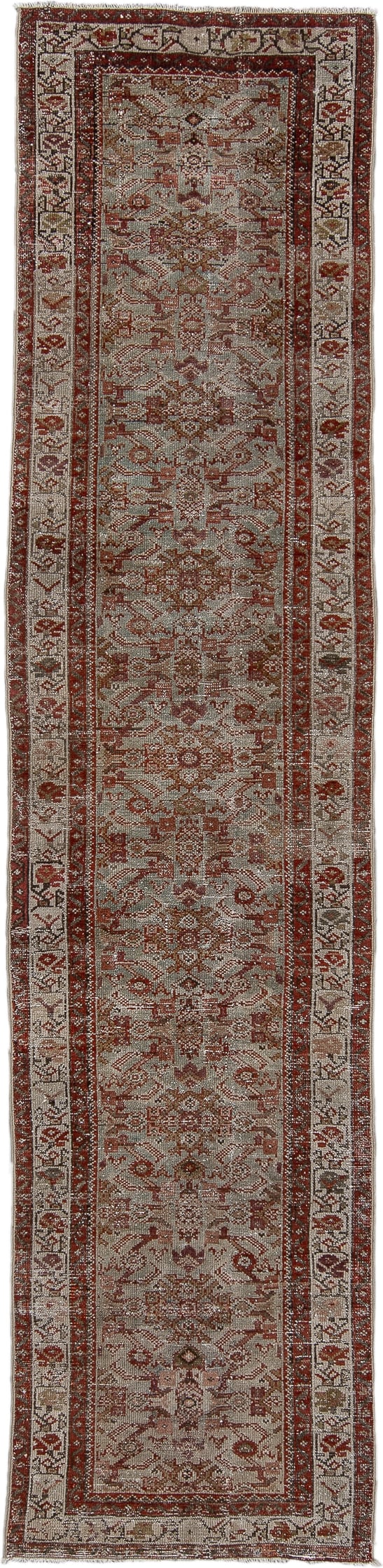 3' x 10' one-of-a-kind handmade vintage Malayer runner rug. Color palette: ivory, rust, taupe, brown, camel, terracotta