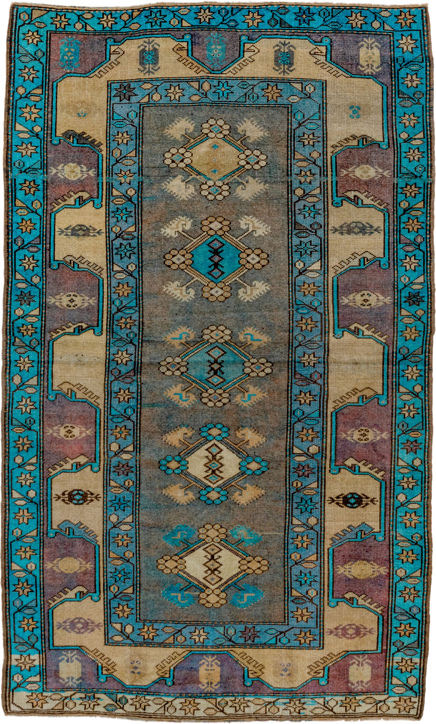 4' x 6' one-of-a-kind handmade antique Anatolian small size rug. Color palette: turquoise, ivory, taupe, slate, plum